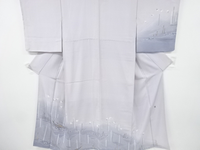 未使用品　作家物　手描き友禅小舟に千鳥模様訪問着